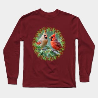 Red Cardinals Holly Berries & Pine Christmas Long Sleeve T-Shirt